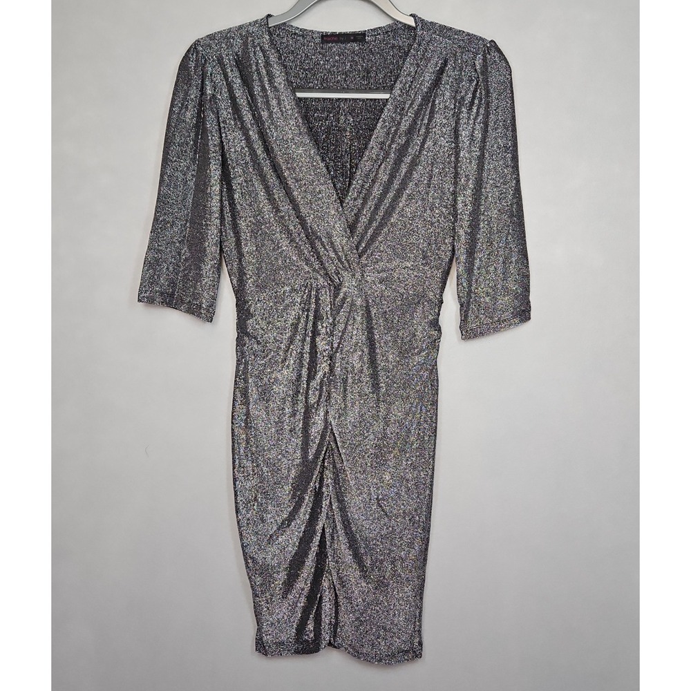 Fraiche By J Womens Silver Metallic Faux Wrap Bodycon Dress Size Medium NWOT